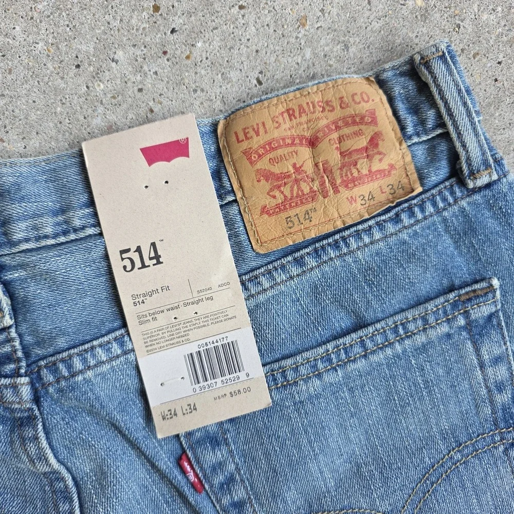 Levis 514 Straight Fit Jeans Size 34x34 Light Wash Blue NWT Grunge 100% Cotton